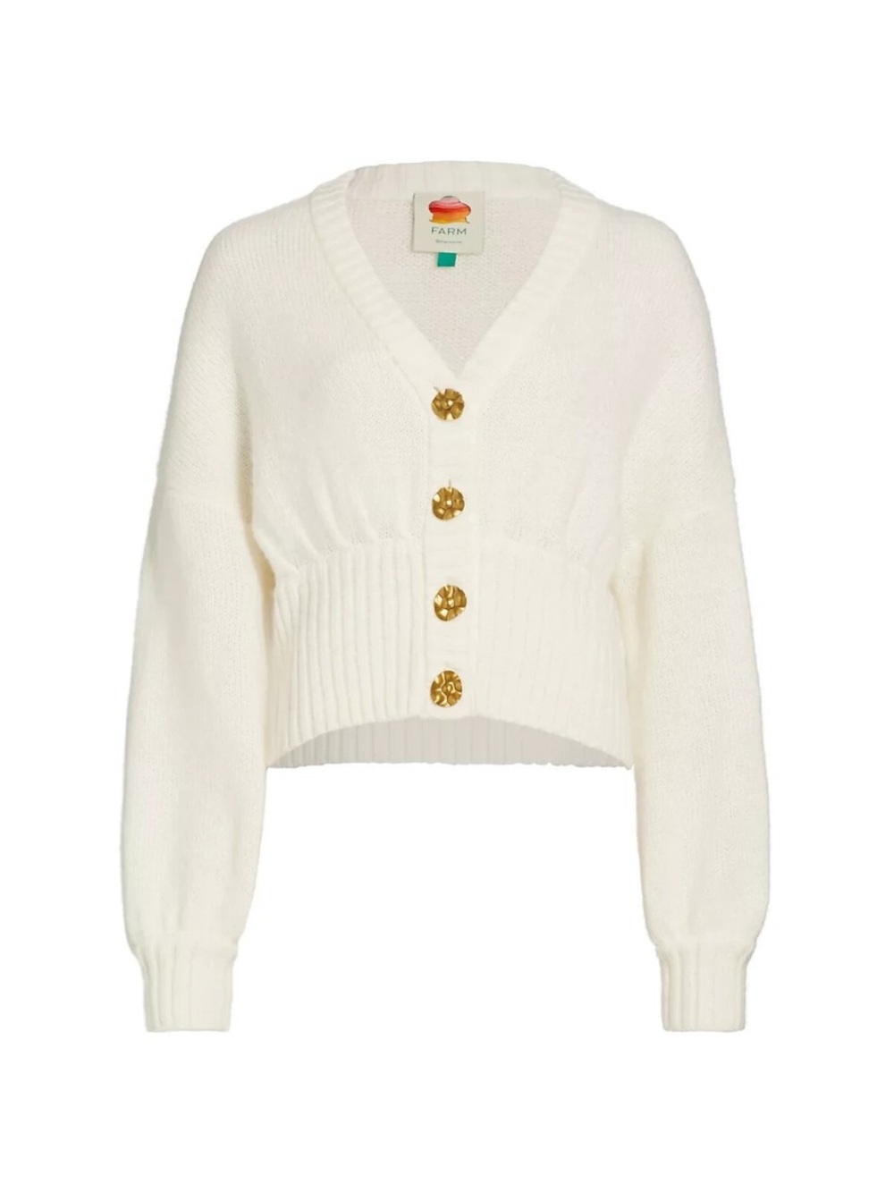 FARM Rio Cream Cropped V-Neck Cardigan with Gold Buttons